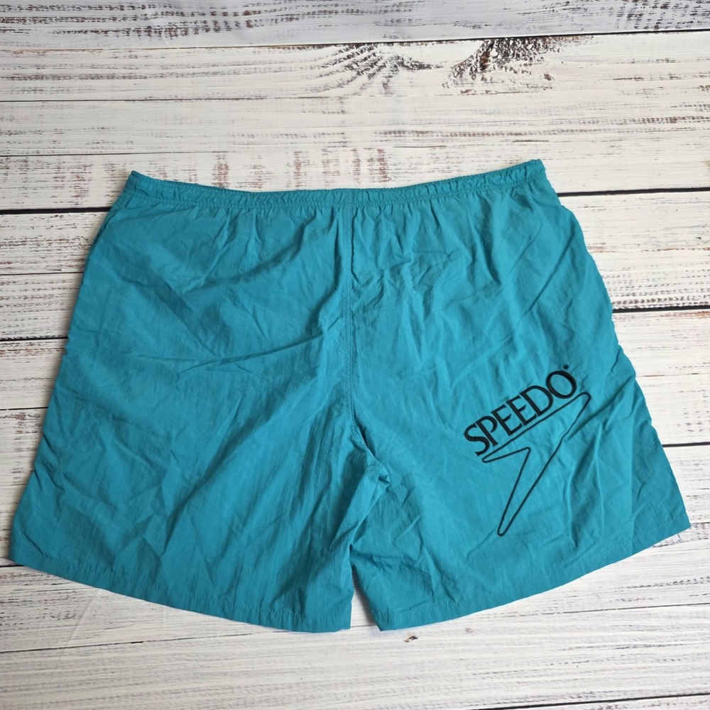 Speedo Swim Trunks Vintage 90s Shorts Men XL Teal Green Mesh Lining Pockets Logo